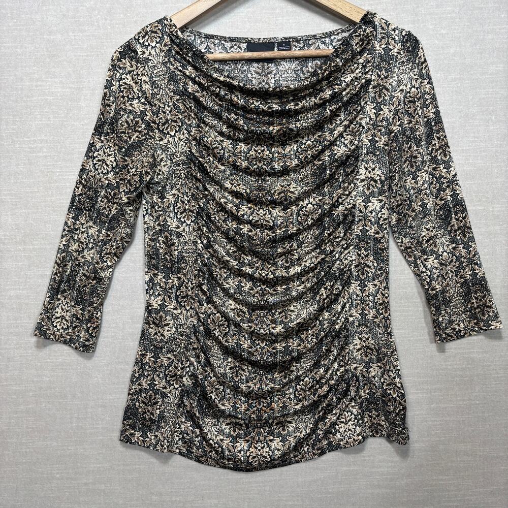 Tribal Print Ruched Top S Brown Black Cream 3/4 Sleeve Y2K Artsy Boho Statement